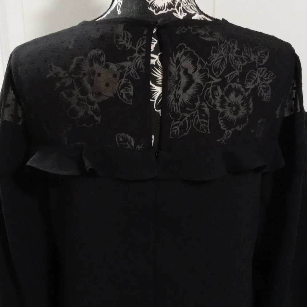 🆕️ 🖤LOFT🖤 - Black L/S Dress w/Sheer Polka Dot Ruffle Detail - Picture 10 of 16